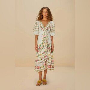 FARM RIO Off-White Palm Dream Wrap Midi Dress